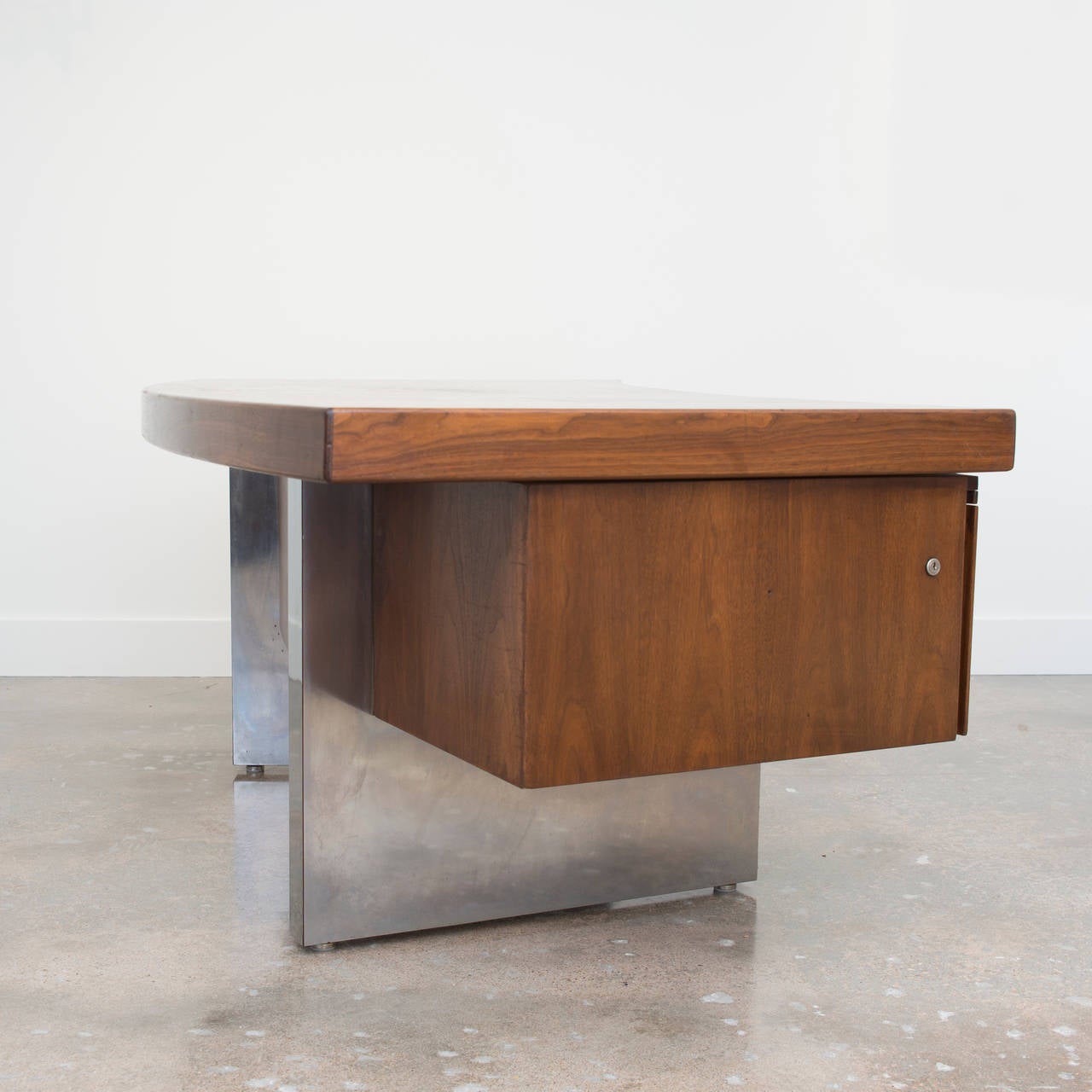 Mid-Century Modern Roger Sprunger Curved Walnut and Chrome Executive Desk