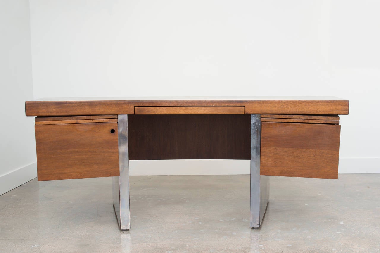Roger Sprunger Curved Walnut and Chrome Executive Desk