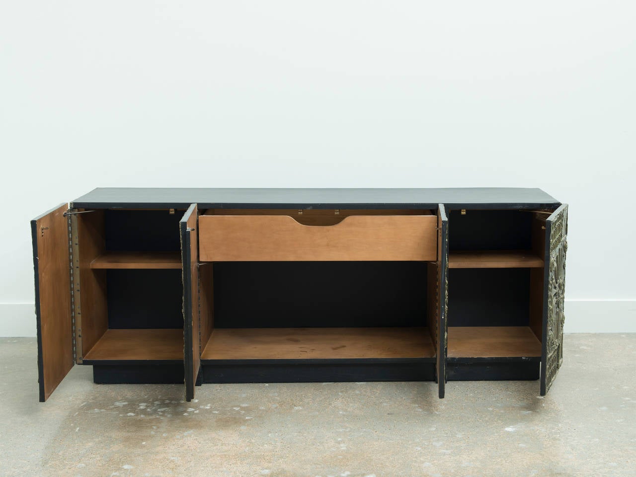 Adrian Pearsall Brutalist style credenza in the manner of Paul Evans.  Adrian Pearsall was known for his expressive American furniture of the 1950s and 1960s.  His flamboyant style is what is known as the 