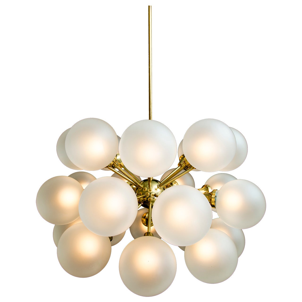 Mid Century 24 Globe Brass and Opaque Glass Chandelier