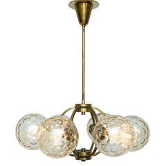 Brass and Amber Bubble Glass Chandelier with Six Globes