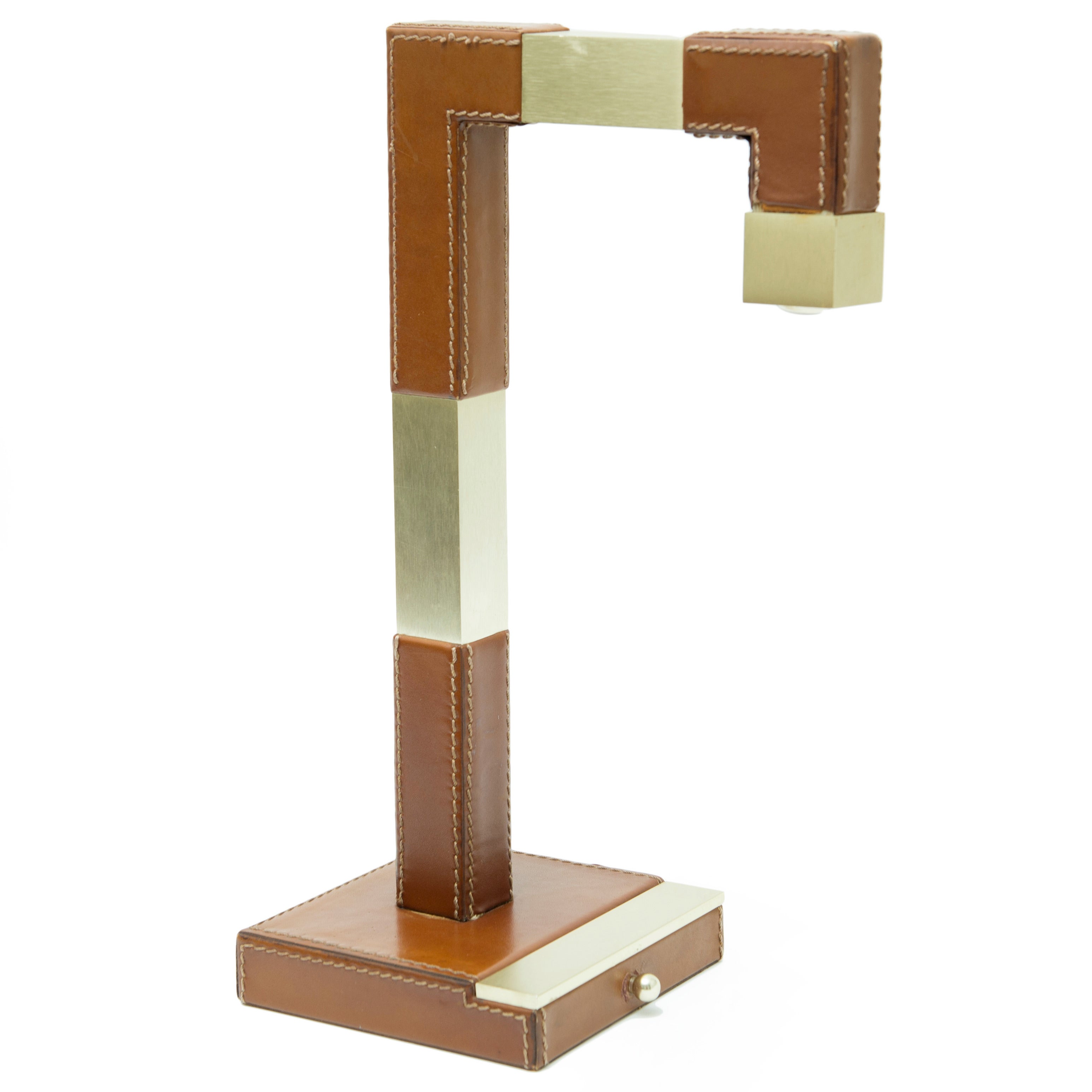 Le Tanneur Leather and Brass Plated Table Lamp For Sale