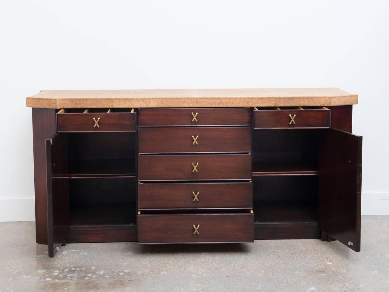 Mid-Century Modern Paul Frankl Cork-Top Credenza Buffet with Exquisite Brass Hardware For Sale