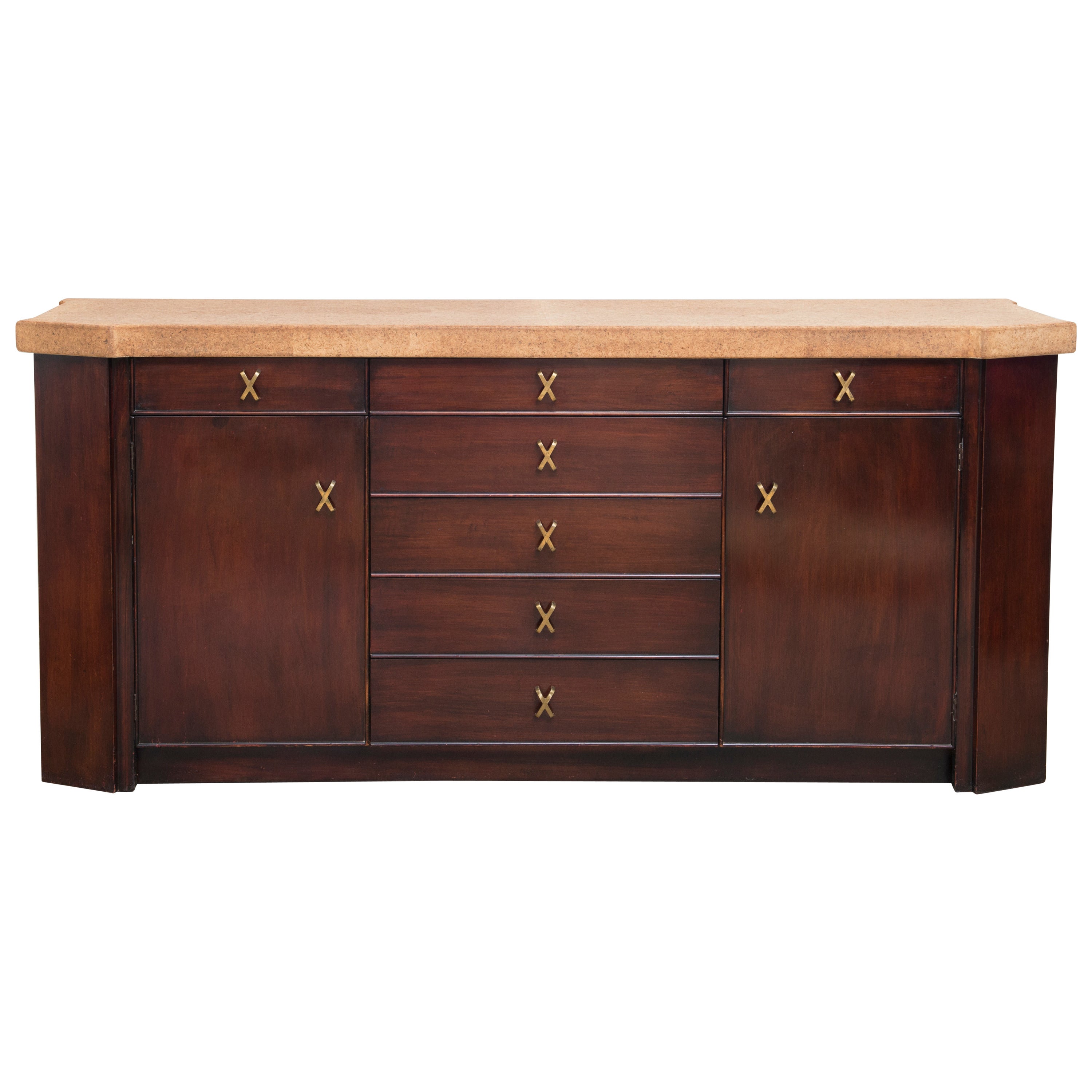 Paul Frankl Cork-Top Credenza Buffet with Exquisite Brass Hardware For Sale