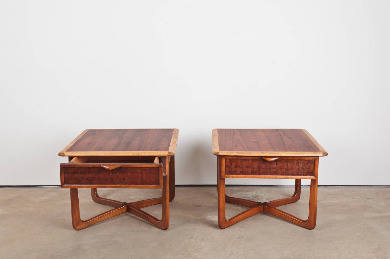 When Adrian Pearsall sold Craft Associates to Lane they produced his designs, including these wonderful solid wood end tables with basket weave facing on the drawer fronts.