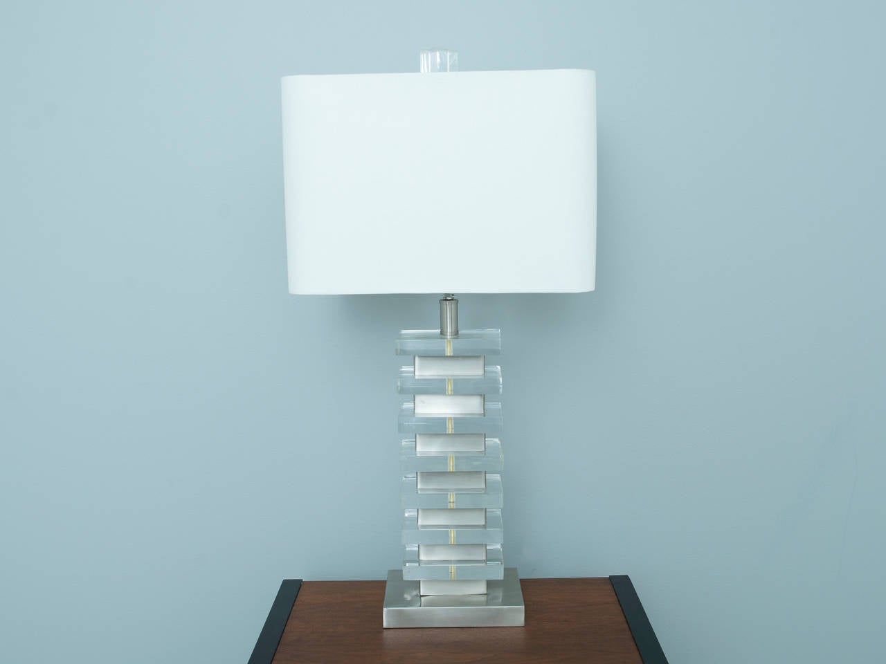 Lucite block table lamp with new shade matching original lucite finial.