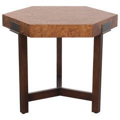 Milo Baughman Hexagonal Burl Wood and Brass Side Table