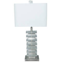 Lucite Block and Brushed Nickel Table Lamp in the Style of Karl Springer