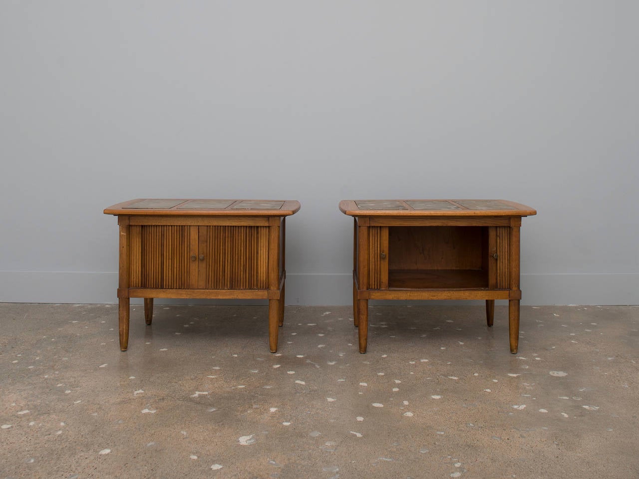 Mid-Century Modern Walnut and Granite Side Tables with Tambour Doors