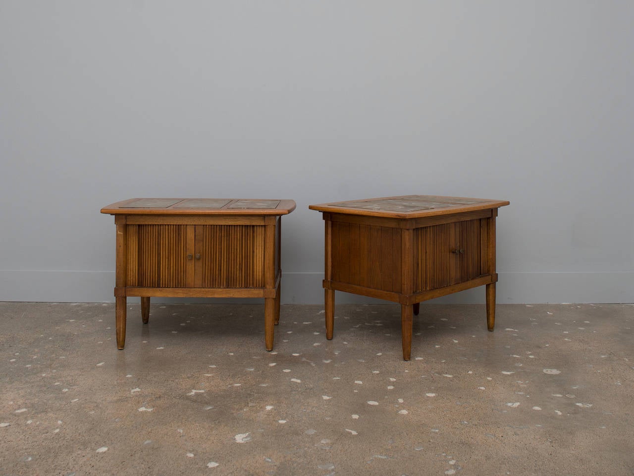 American Walnut and Granite Side Tables with Tambour Doors