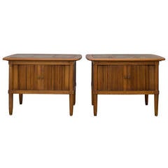 Walnut and Granite Side Tables with Tambour Doors
