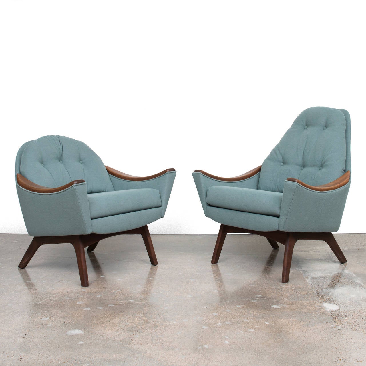 Adrian Pearsall for Craft Associates mid century sleigh-form chairs (his & hers) with new upholstery and nice wood detailing.