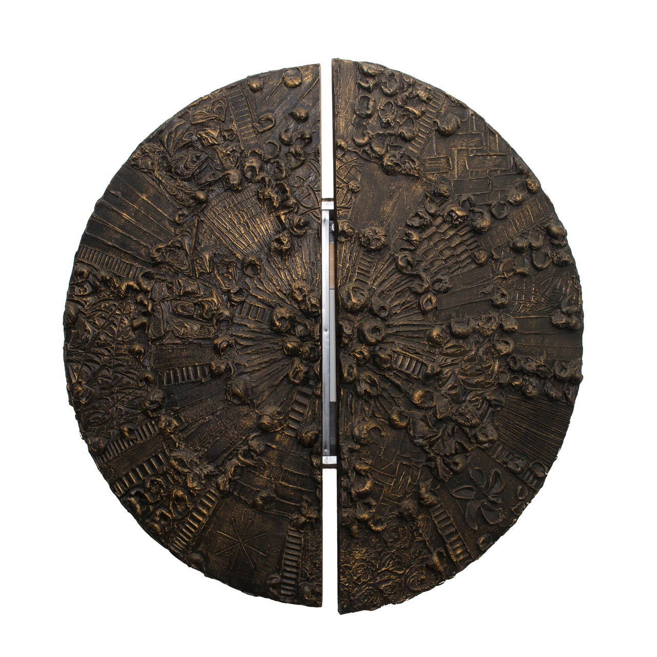 Unique and one of a kind Brutalist disc bar in the manner of Paul Evans.  Handmade, sculpted bronze on wood and from the 1960s.