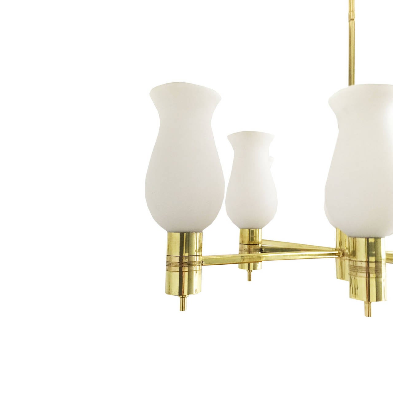 A stylish Italian 1950s brass eight-arm chandelier with frosted glass shades in the manner of Arredoluce.