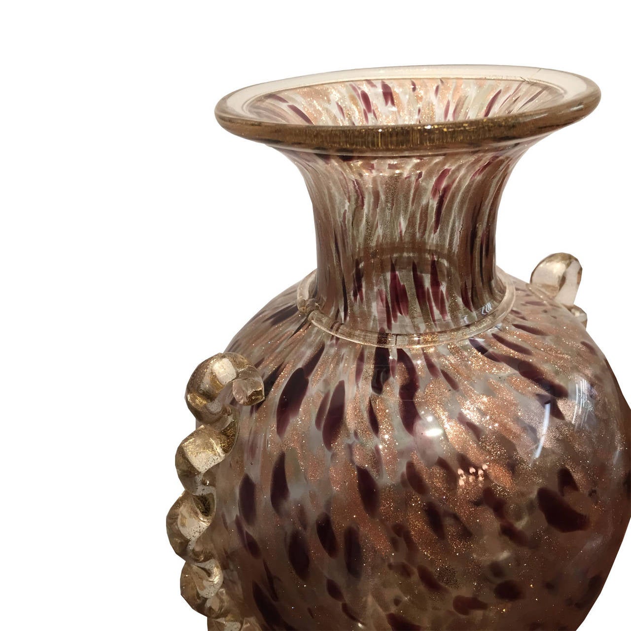 A Vetreria Murano vase designed by Mario Gambaro of deep brown, beige and taupe tones with gold flakes inclusions. The base still retains the manufacturer's label.