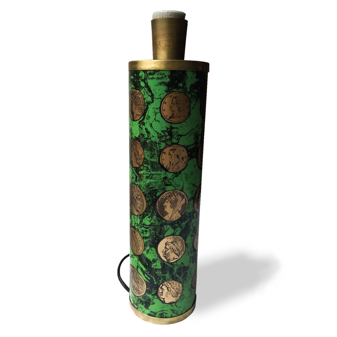 Piero Fornasetti green enameled table lamp with gold transfer printed lithographic cameos of emperors with brass details, label on lamp base. Rewired. Does not include lampshade.