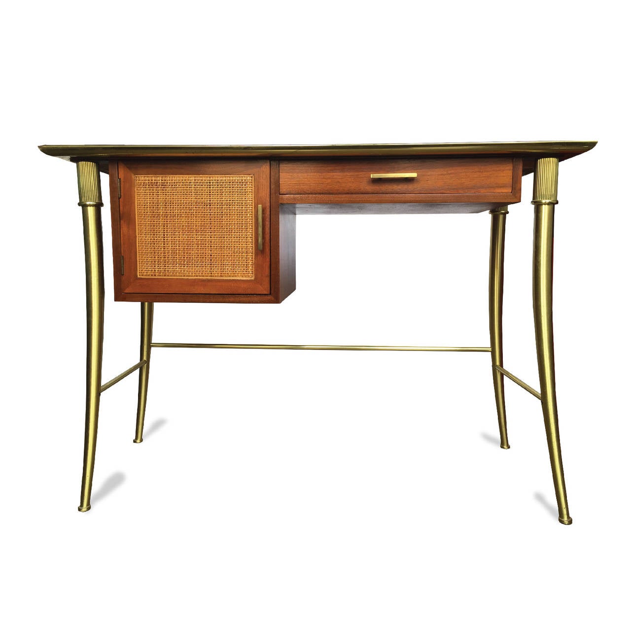 Leather-topped desk with a brass frame, legs, and hardware. The cabinet, door, and drawer are mahogany and the door has a caned front. The accompanying chair is brass with an original upholstered seat.
Measures: Desk: H 30