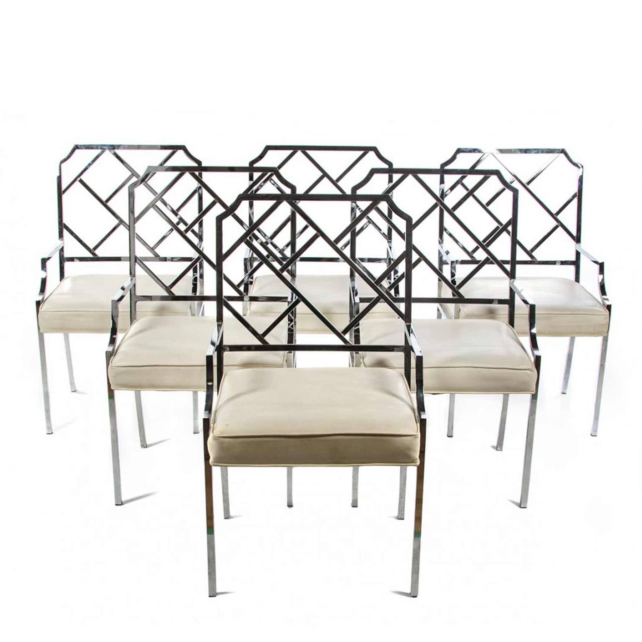 A Set of Six Mid-Century Modern/ Hollywood Regency Chromed Armchairs by Milo Baughman. Square back with 