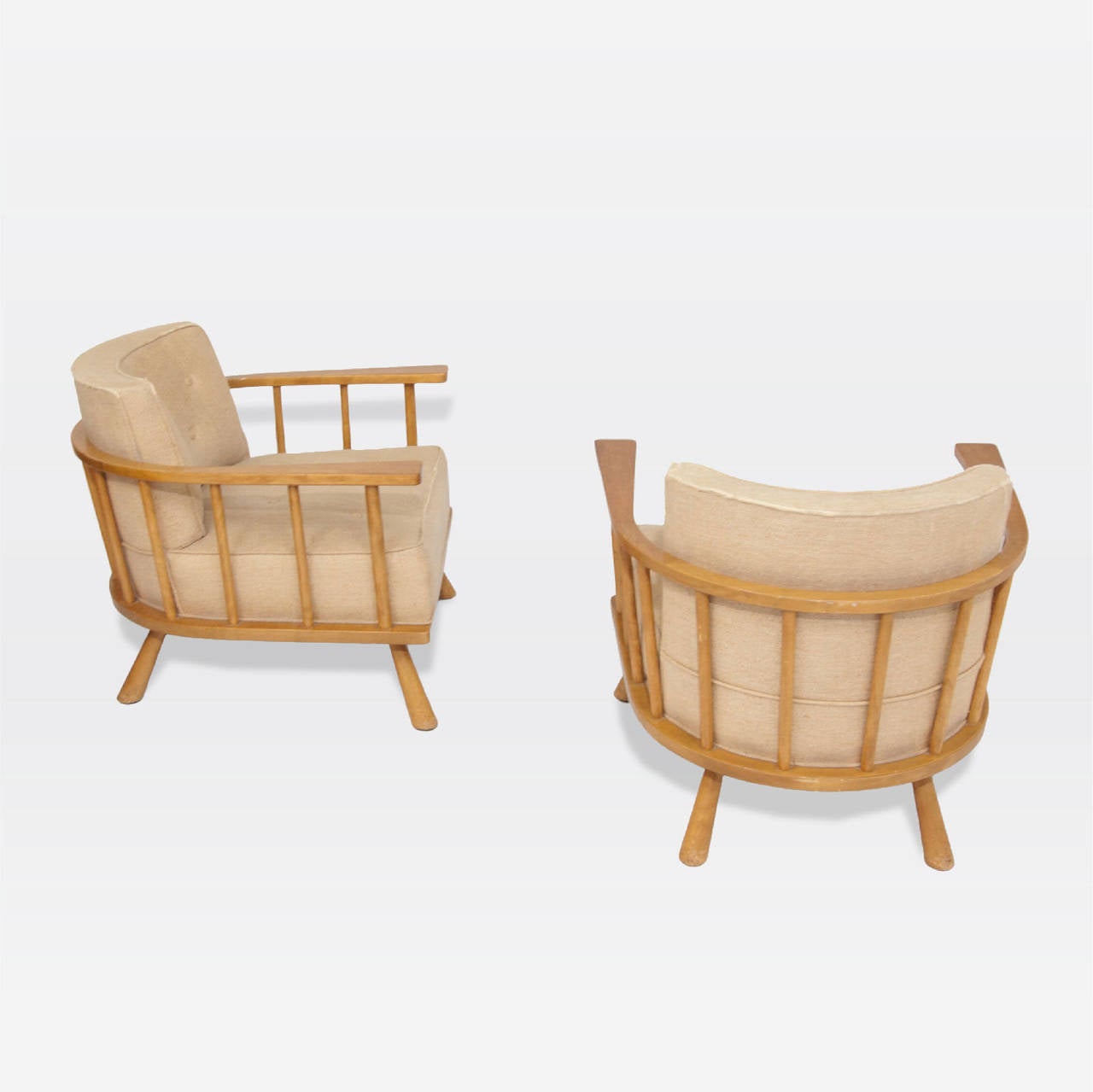Pair of arm barrel back chairs, vertical slats, beige upholstery designed for Widdicomb.
