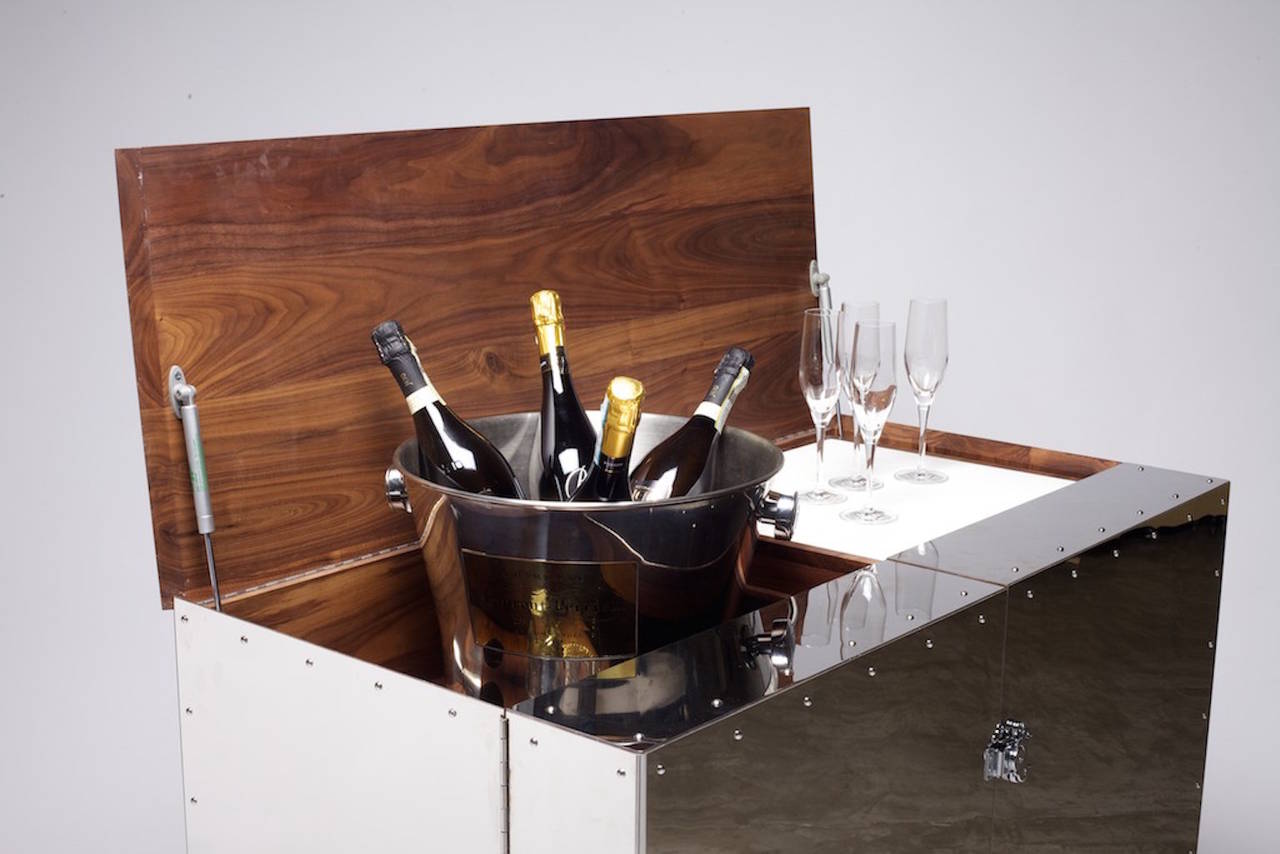 Polished Mobile Bar and Wine Cabinet in Walnut and Stainless Steel by Naihan Li
