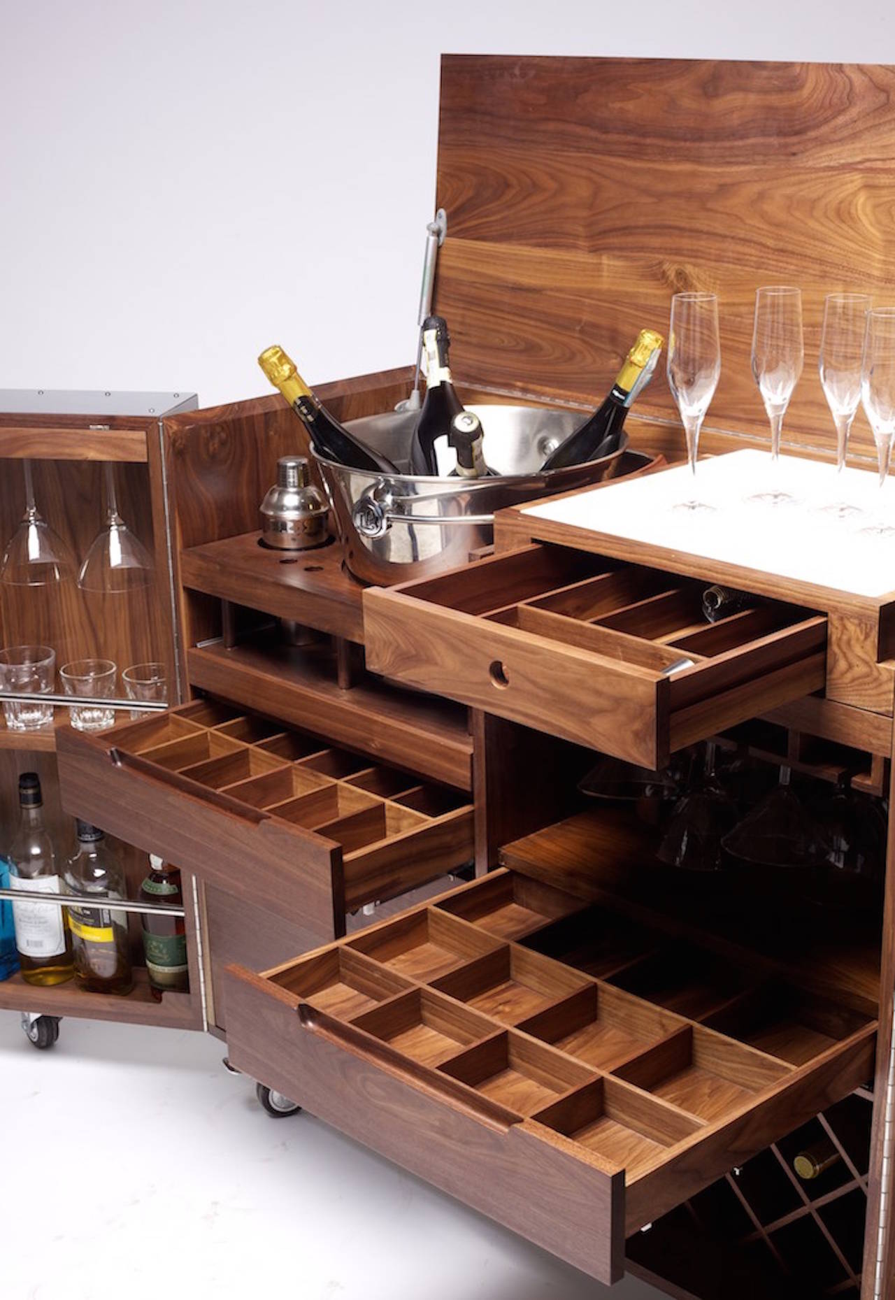 Mobile Bar and Wine Cabinet in Walnut and Stainless Steel by Naihan Li In New Condition In Beverly Hills, CA
