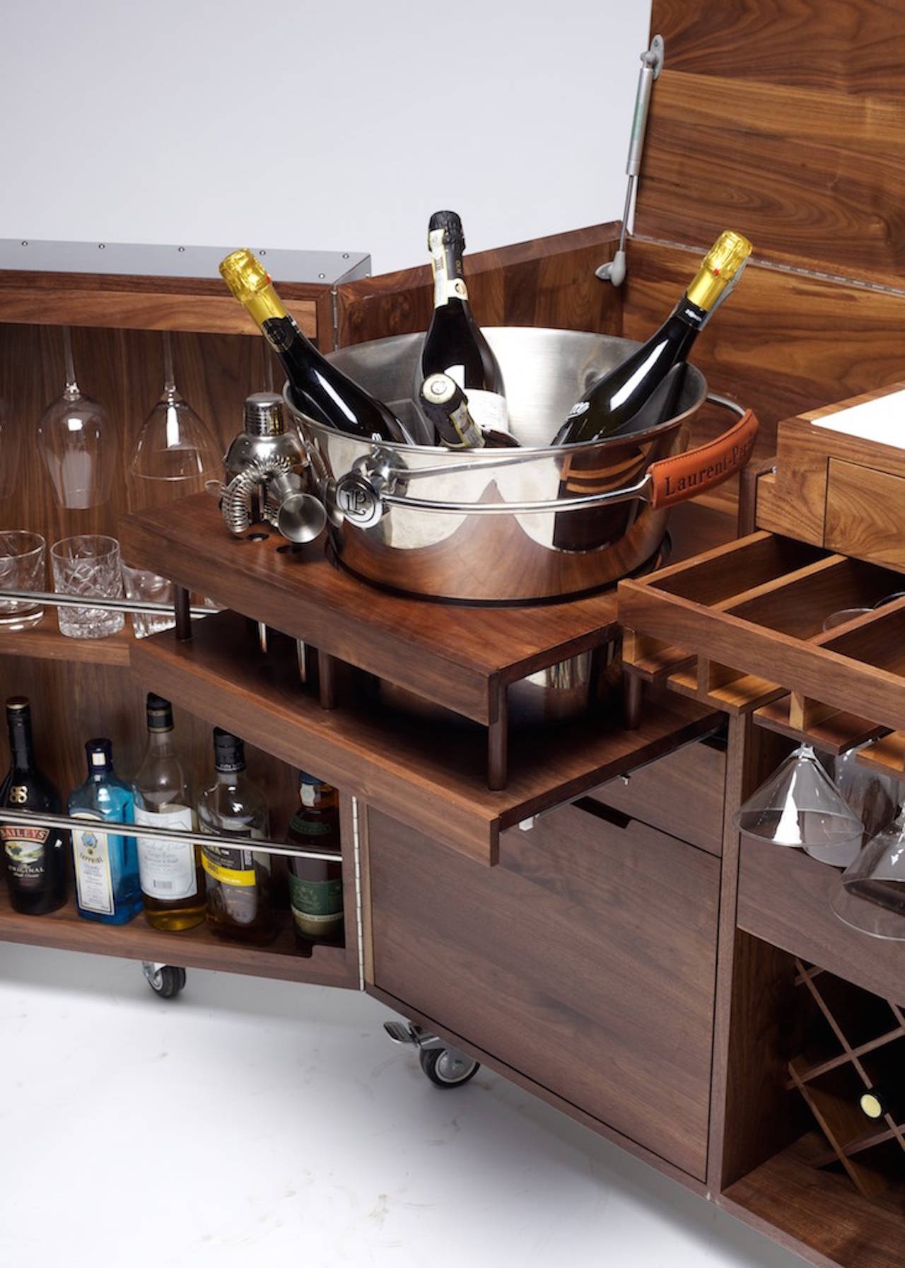 Contemporary Mobile Bar and Wine Cabinet in Walnut and Stainless Steel by Naihan Li