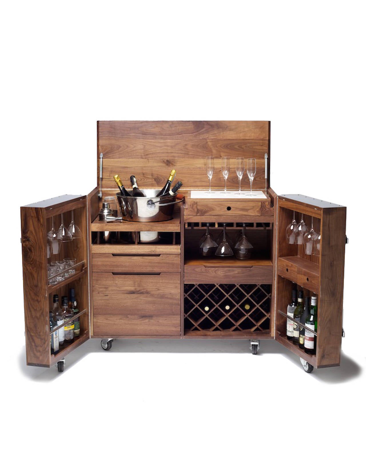 Chinese Mobile Bar and Wine Cabinet in Walnut and Stainless Steel by Naihan Li