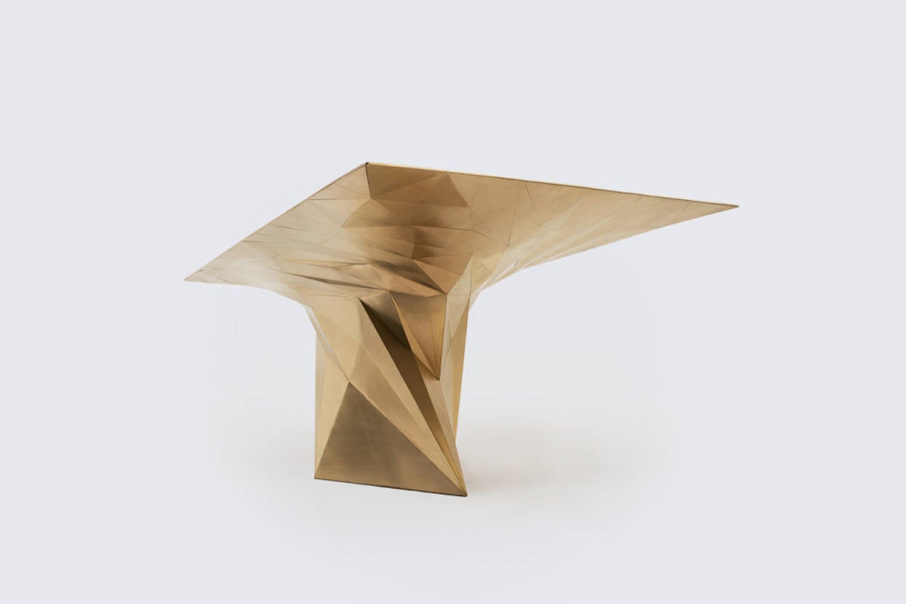 Brass Tornado Square Center Dining Table by Zhoujie Zhang In New Condition For Sale In Beverly Hills, CA