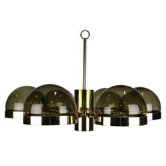 Large 1970s Mod Brass and Smoked Glass Chandelier