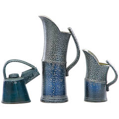 Retro Two Salt Glazed Pitchers and Teapot by Walter Keeler, circa 1990