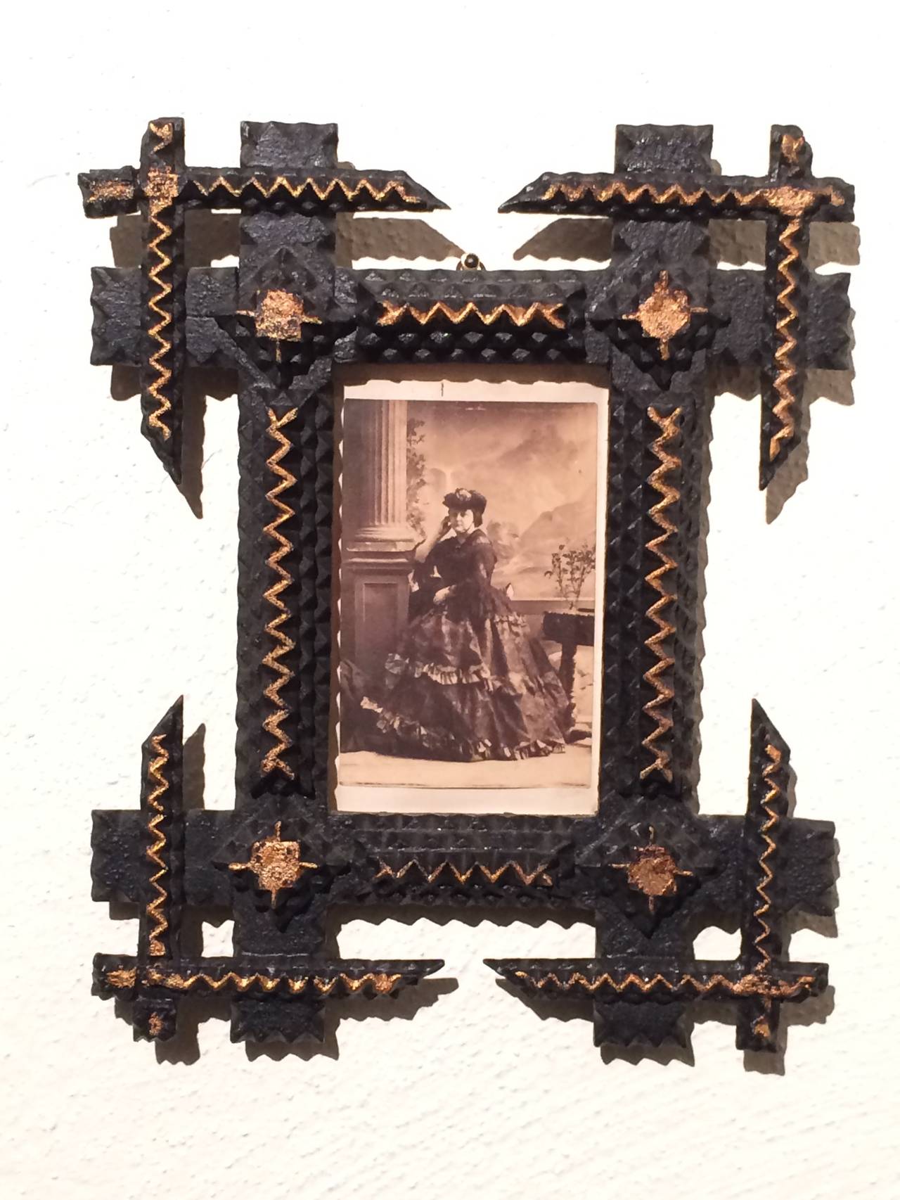 Folk Art Pair of Tramp Art Frames with Sepia Photographs For Sale