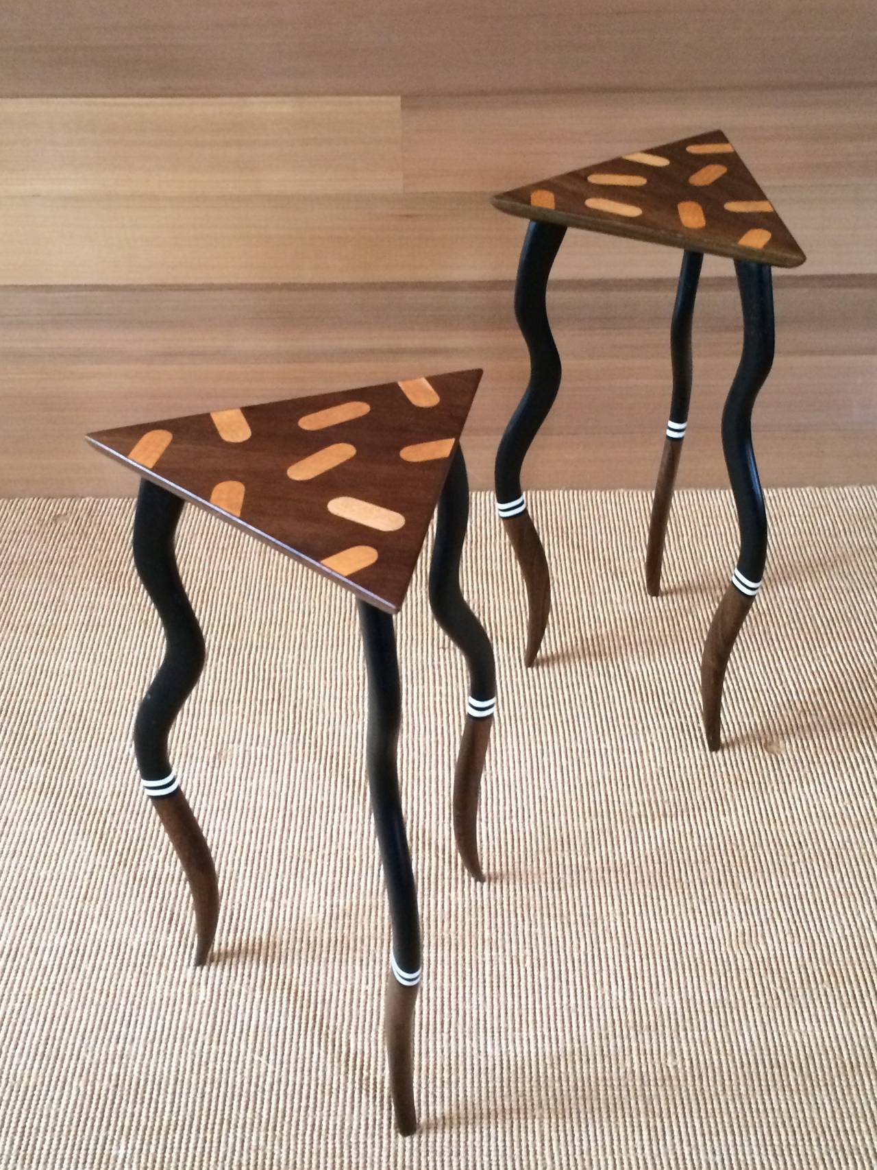 Pair of Bob Trotman occasional tables.
Rosewood, maple and ebonized wood.
USA, 1980s.

