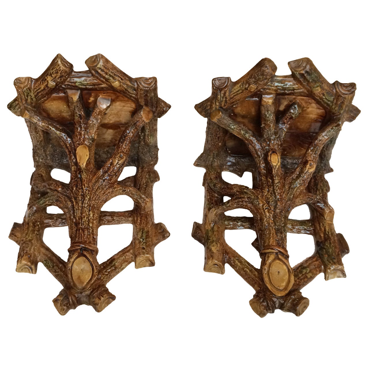 19th Century Pair of Large Glazed Ceramic Branch Form Wall Shelves For Sale