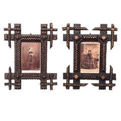 Pair of Tramp Art Frames with Sepia Photographs