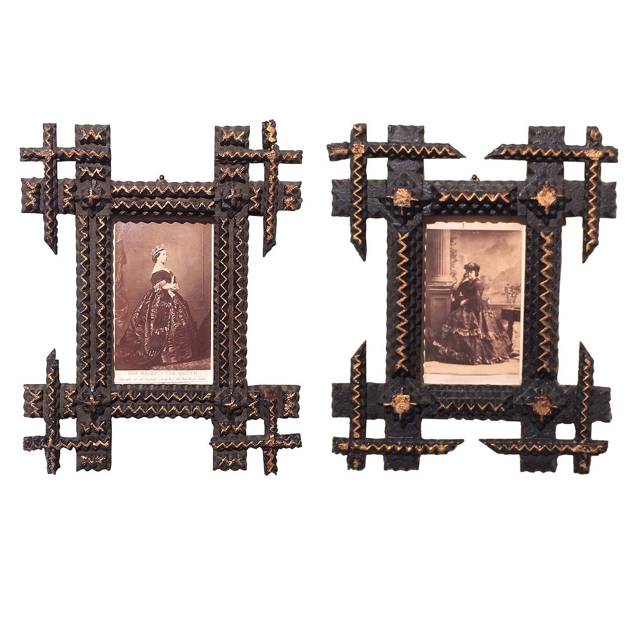 Pair of Tramp Art Frames with Sepia Photographs For Sale