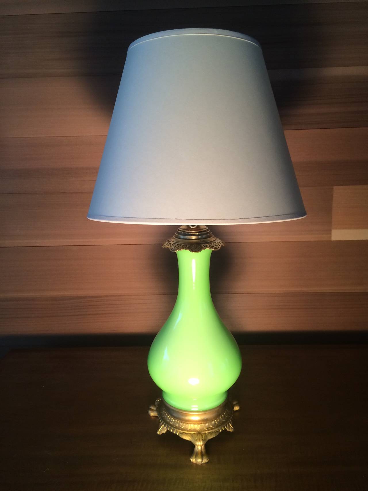 Gilt 19th Century Lime Green French Opaline Glass Table Lamp