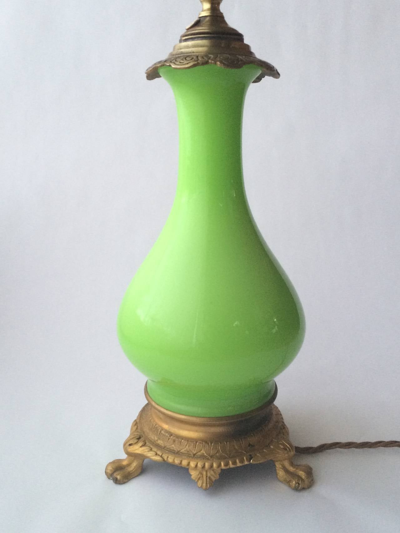 Bronze 19th Century Lime Green French Opaline Glass Table Lamp