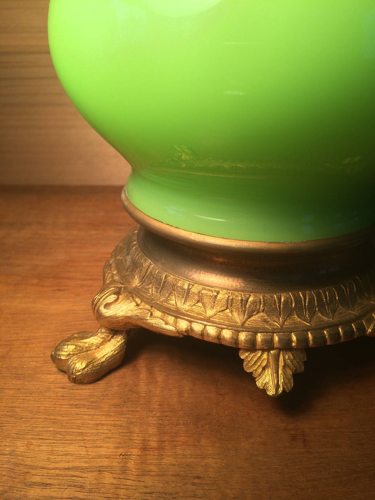 19th Century Lime Green French Opaline Glass Table Lamp In Excellent Condition In Southampton, NY