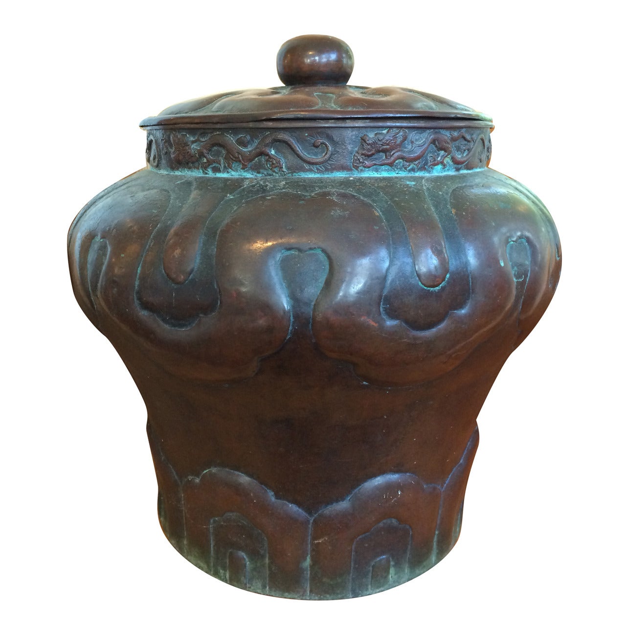 Chinese Copper Lidded Jar with Dragon and Lotus Motif