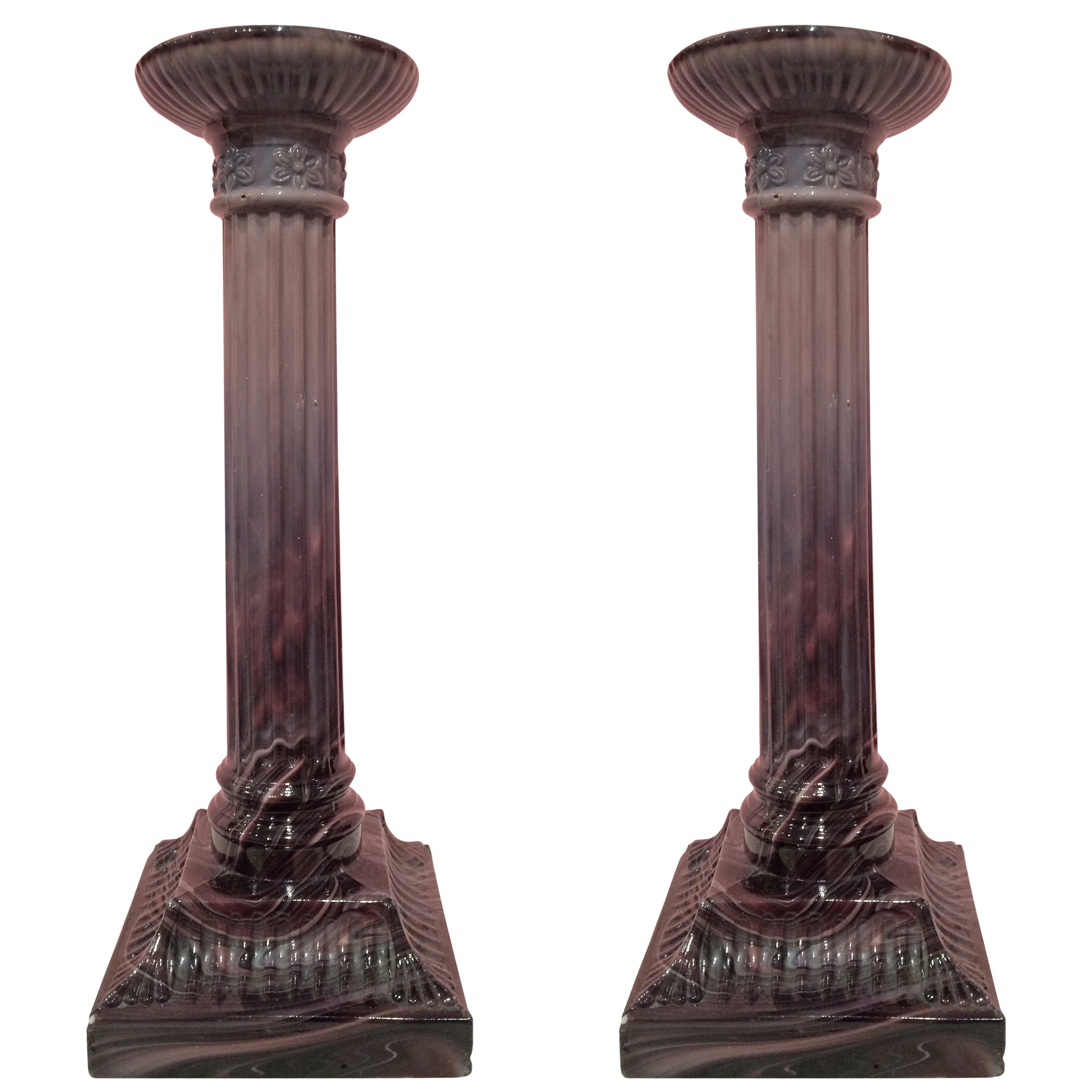 Pair of 19th Century English Slag Glass Candlesticks For Sale