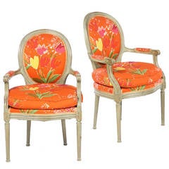 Pair of Louis XVI Style Fauteuils, Paule Marrot Fabric, Les Tulipes 12