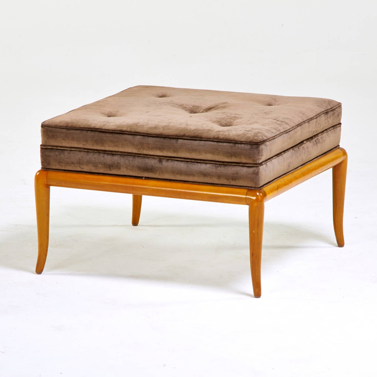 Elegant T.H. Robsjohn-Gibbings ottoman, Grand Rapids, MI, 1960s, bleached walnut, silk velvet upholstery.