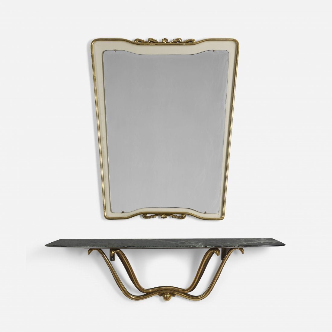 Osvaldo Borsani wall console and mirror, 
Italy, circa 1945.
Carved and giltwood, mirrored glass, green marble.

Overall dimensions: 59