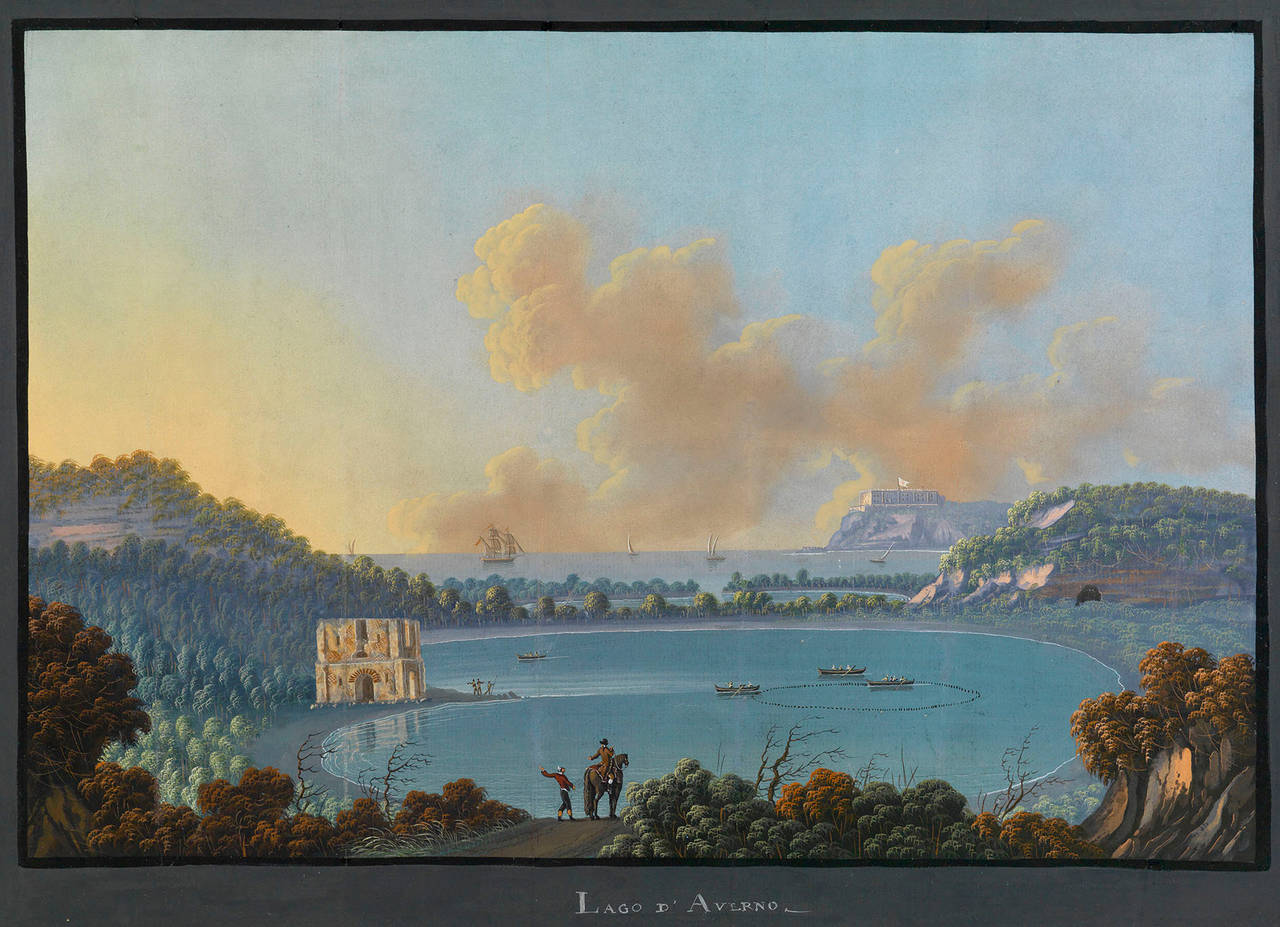 A Set of 3 Anonymous Early 19th C. Landscape Gouaches of the Gulf of Naples In Excellent Condition For Sale In Vienna, Vienna