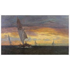 Used Fisher Boats at Dawn by Ugo Flumiani titled Scirocco, around 1900