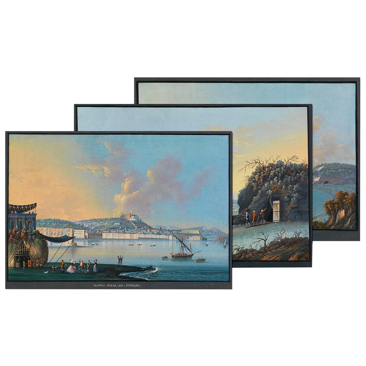 A Set of 3 Anonymous Early 19th C. Landscape Gouaches of the Gulf of Naples For Sale