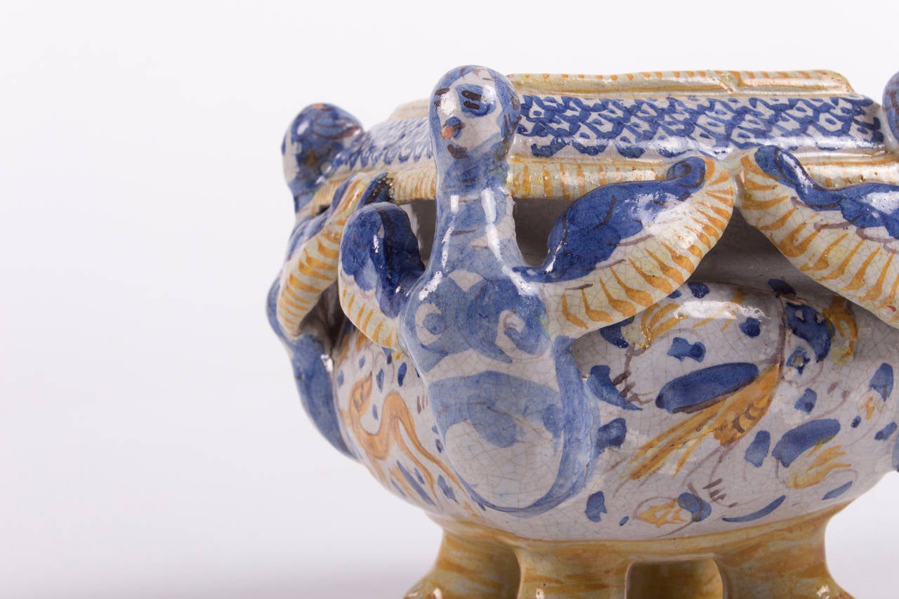 Glazed Polychrome Deruta or Urbino Majolica Salt Cellar Saliere, Late 17th Century For Sale