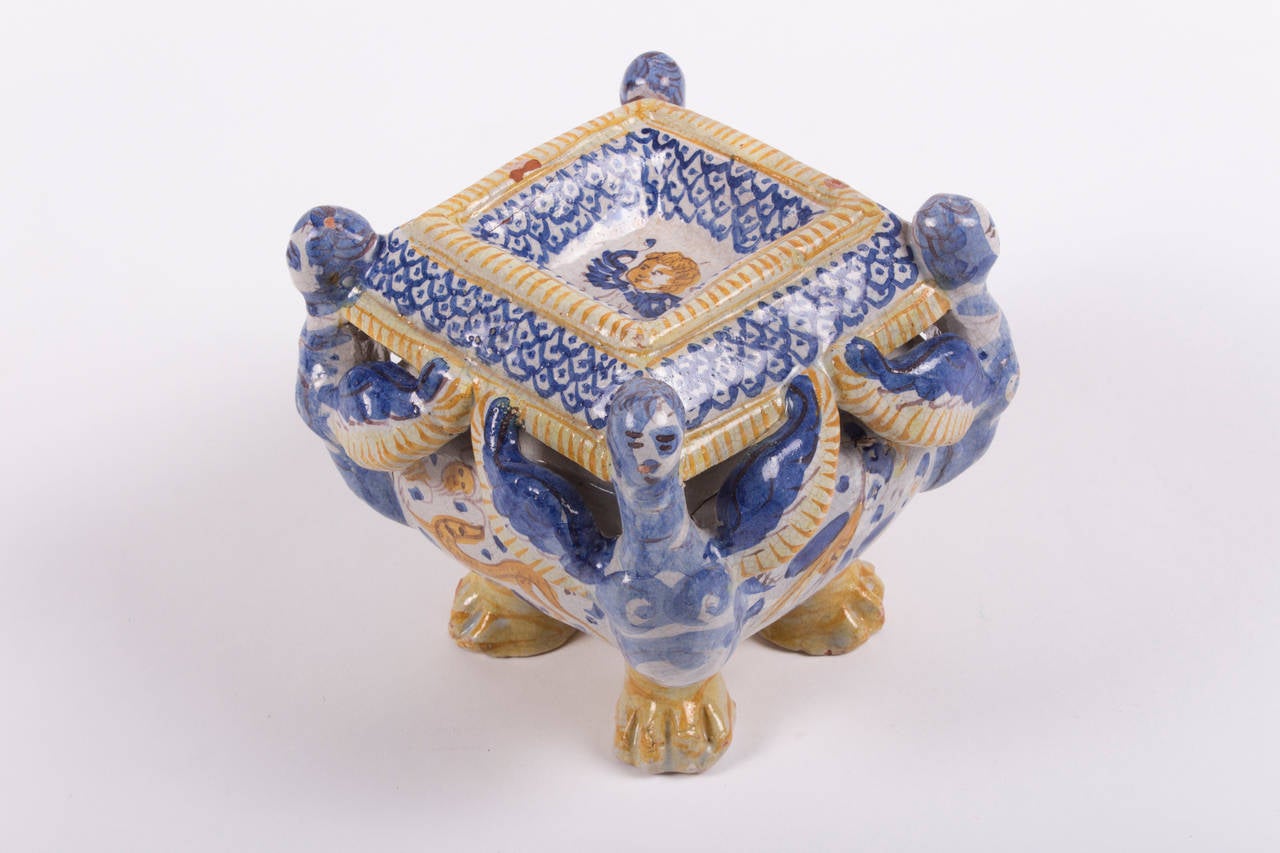 18th Century and Earlier Polychrome Deruta or Urbino Majolica Salt Cellar Saliere, Late 17th Century For Sale
