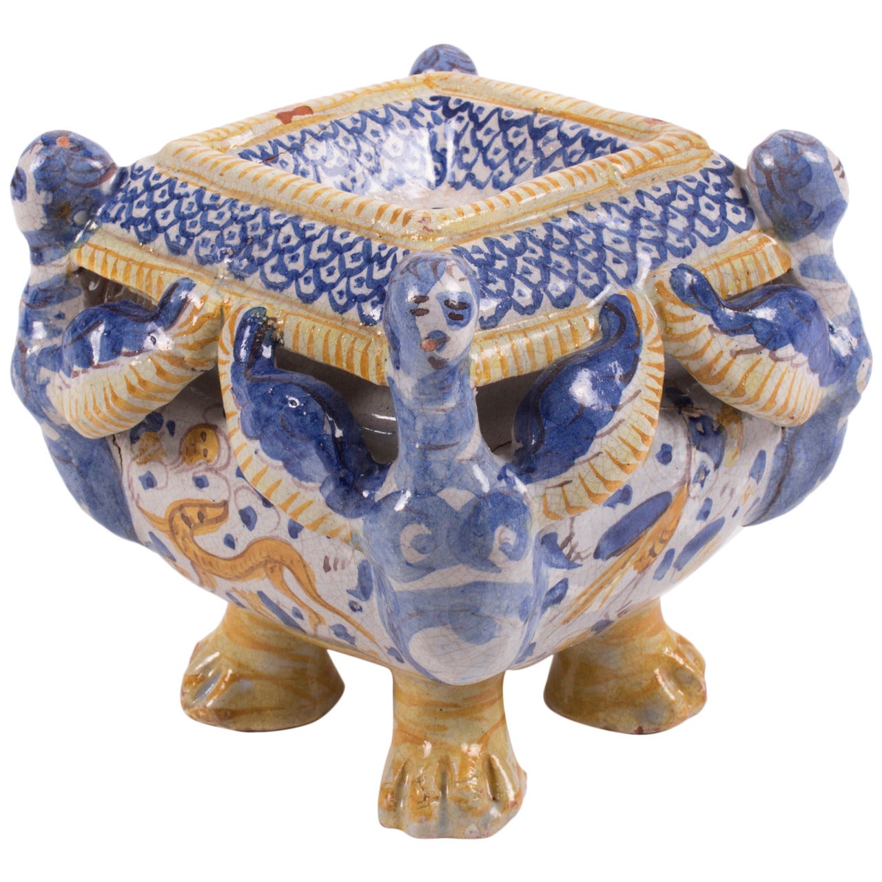 Polychrome Deruta or Urbino Majolica Salt Cellar Saliere, Late 17th Century For Sale