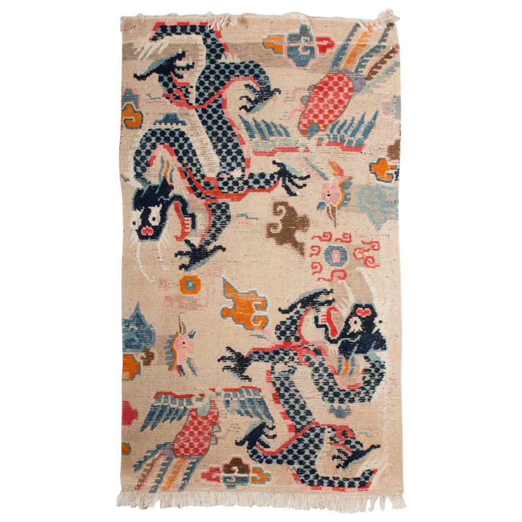 Complete Antique Tibetan Dragon and Phoenix Khaden Rug